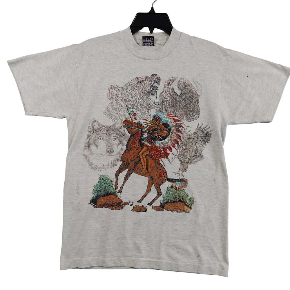 Vintage T-Shirt Mens M Puff Print Single Stitch 90s Native American Wildlife
